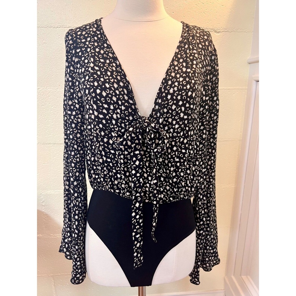 New Altard State Leopard Print Wrap Tie Bell Sleeve Body Suit Size Medium